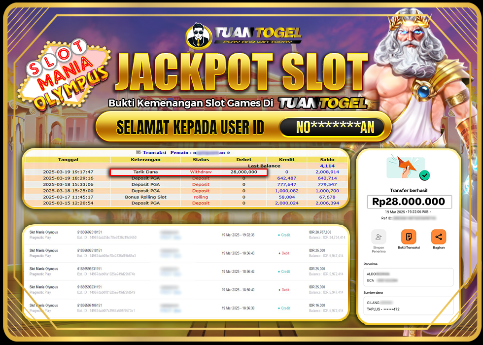 TUANTOGEL JACKPOT SLOT MANIA OLYMPUS Rp28.000.000, - LUNAS